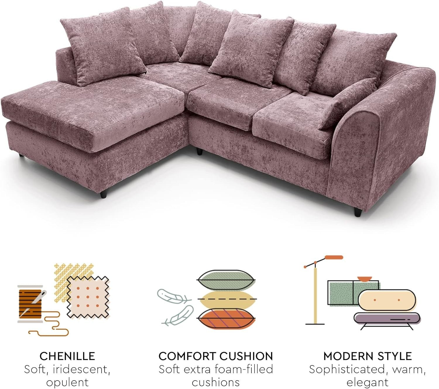 Modern Pink L-Shaped Corner Sofa 5-Seater Crushed Chenille Couch