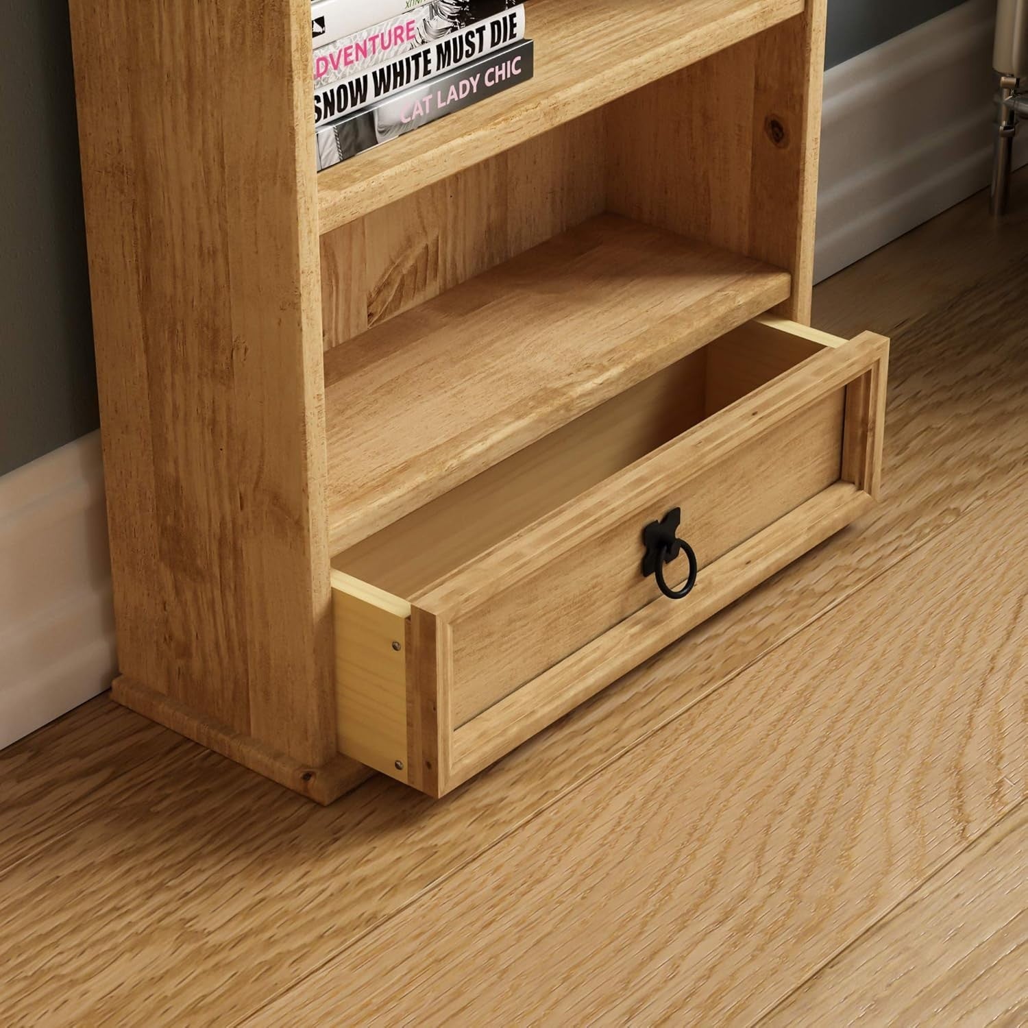 Solid Pine Wood Bookcase with Drawer Rustic CD DVD Storage Shelf Corona