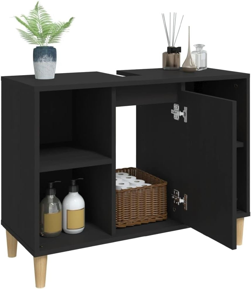 Black Under Sink Bathroom Cabinet with Door & Shelves | Modern Vanity Storage Un
