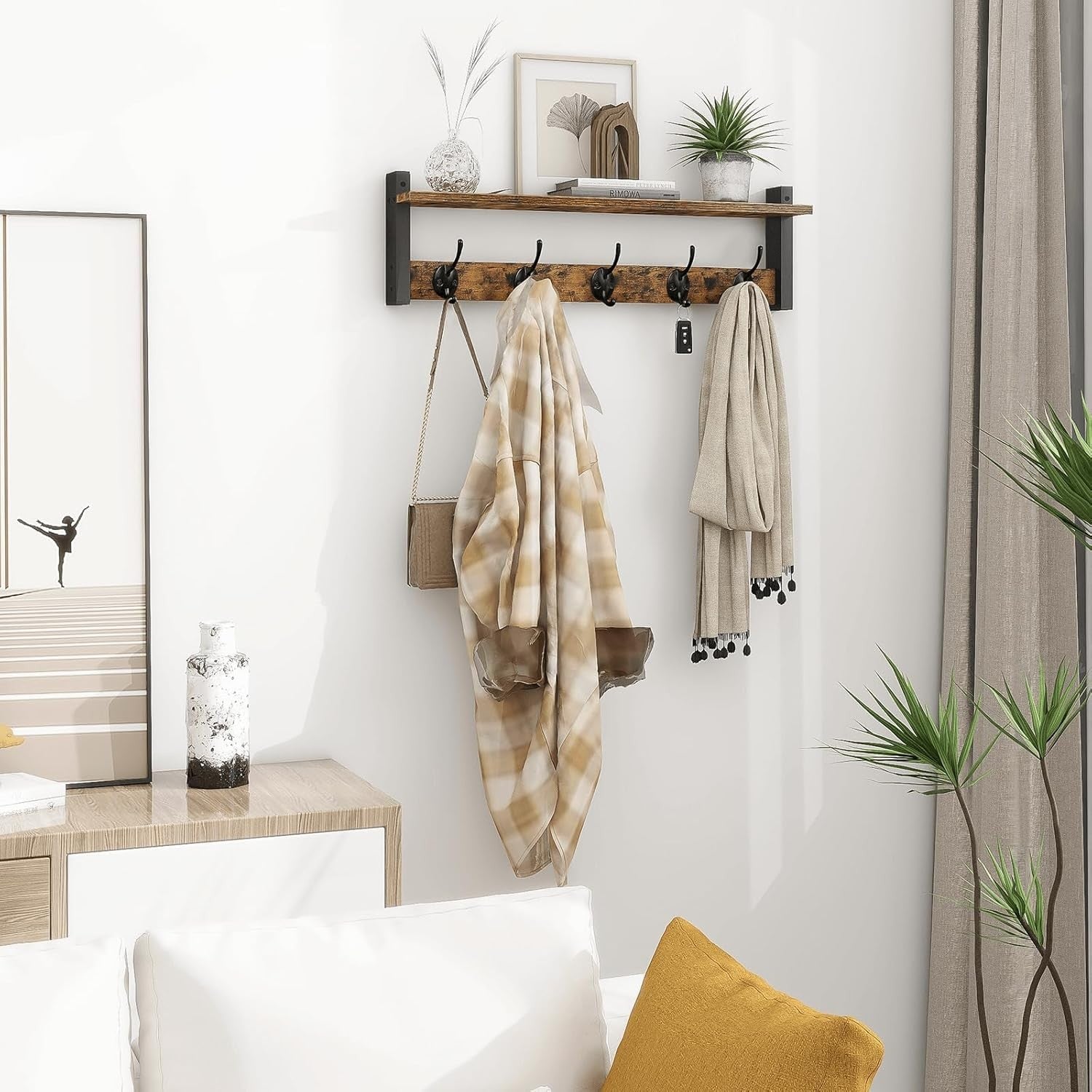 80cm Wall Mounted Coat Rack Shelf Black Entryway Hat Bag Towel Storage Hooks