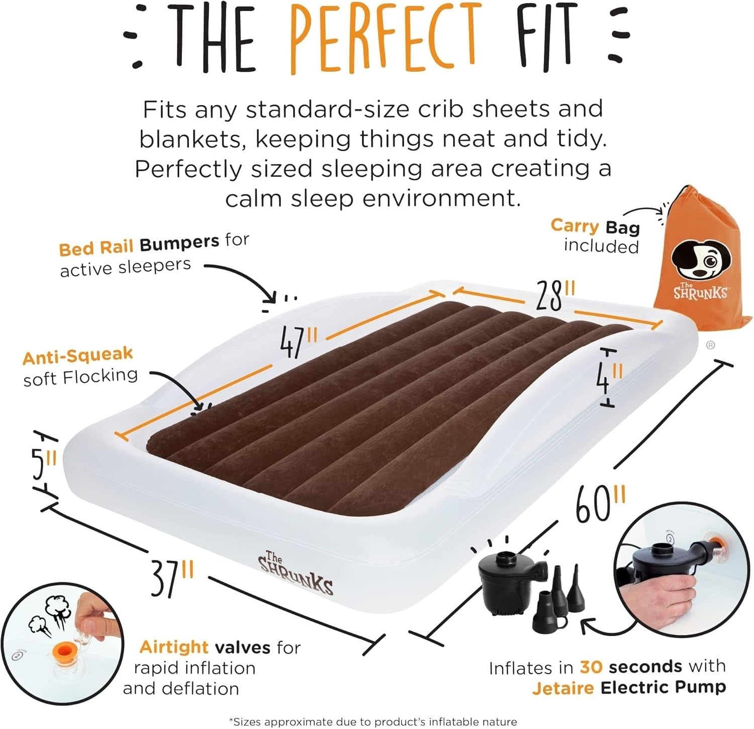 Toddler Inflatable Travel Bed 152×94CM Kids Air Mattress w/ Rails & Pump