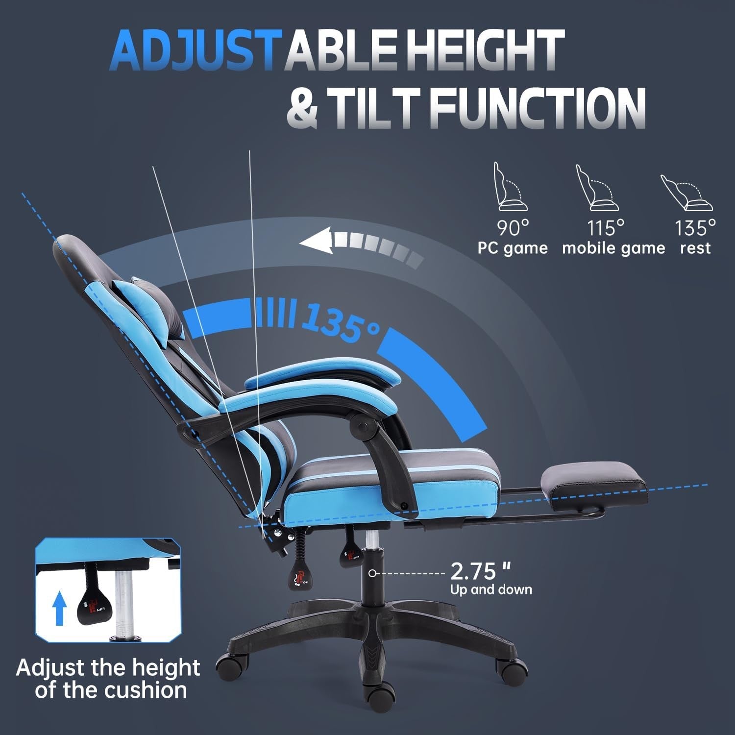Blue Kids Gaming Chair Recliner Swivel Desk Chair with Footrest