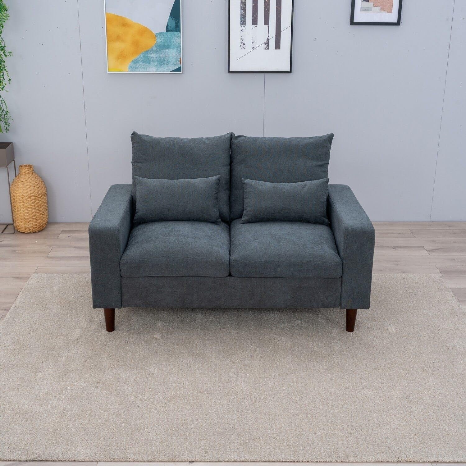 2 Seater Grey Fabric Sofa Couch with Cushions, Small Living Room Ready