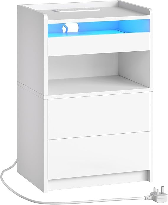 Modern LED Bedside Table with Charging Station, 3 Drawers, USB Power, White