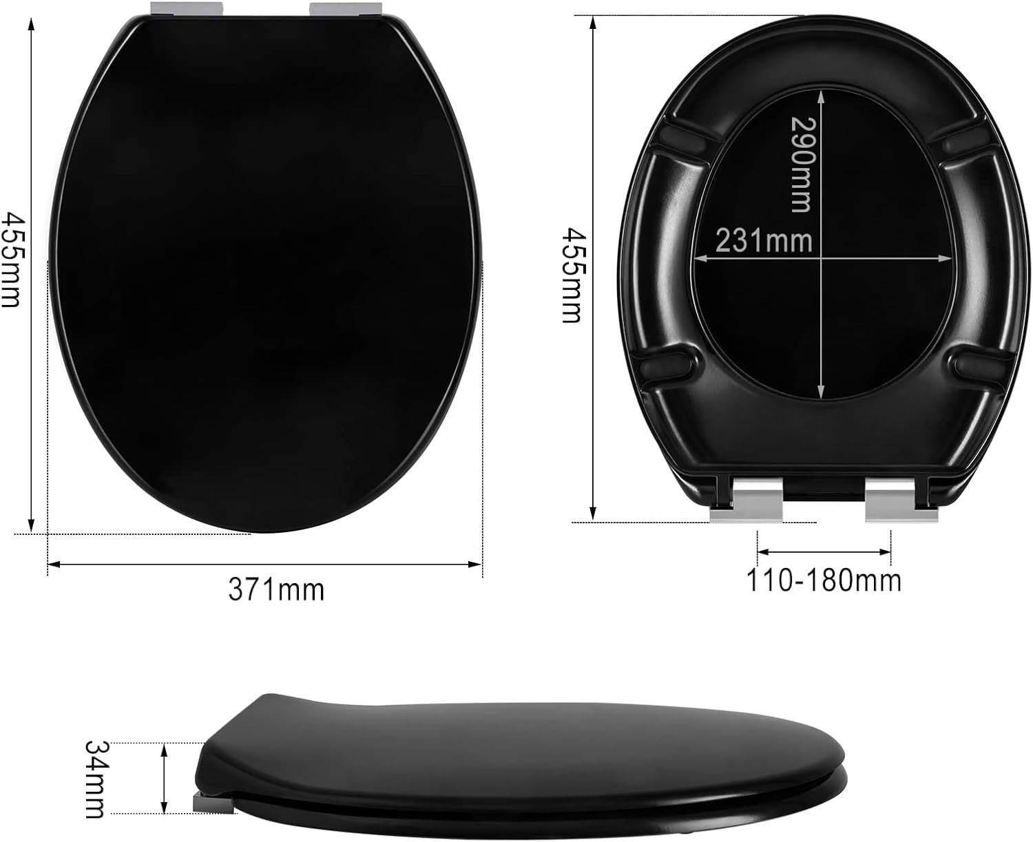Black Soft Close Toilet Seat O-Shape Duroplast Adjustable Hinges 45x37cm
