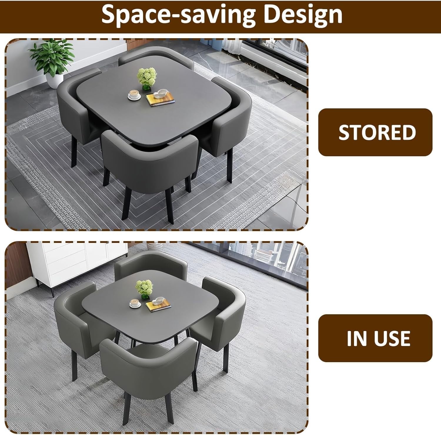 Modern Round Dining Table Set Grey Chairs, Space Saving Faux Leather Seating
