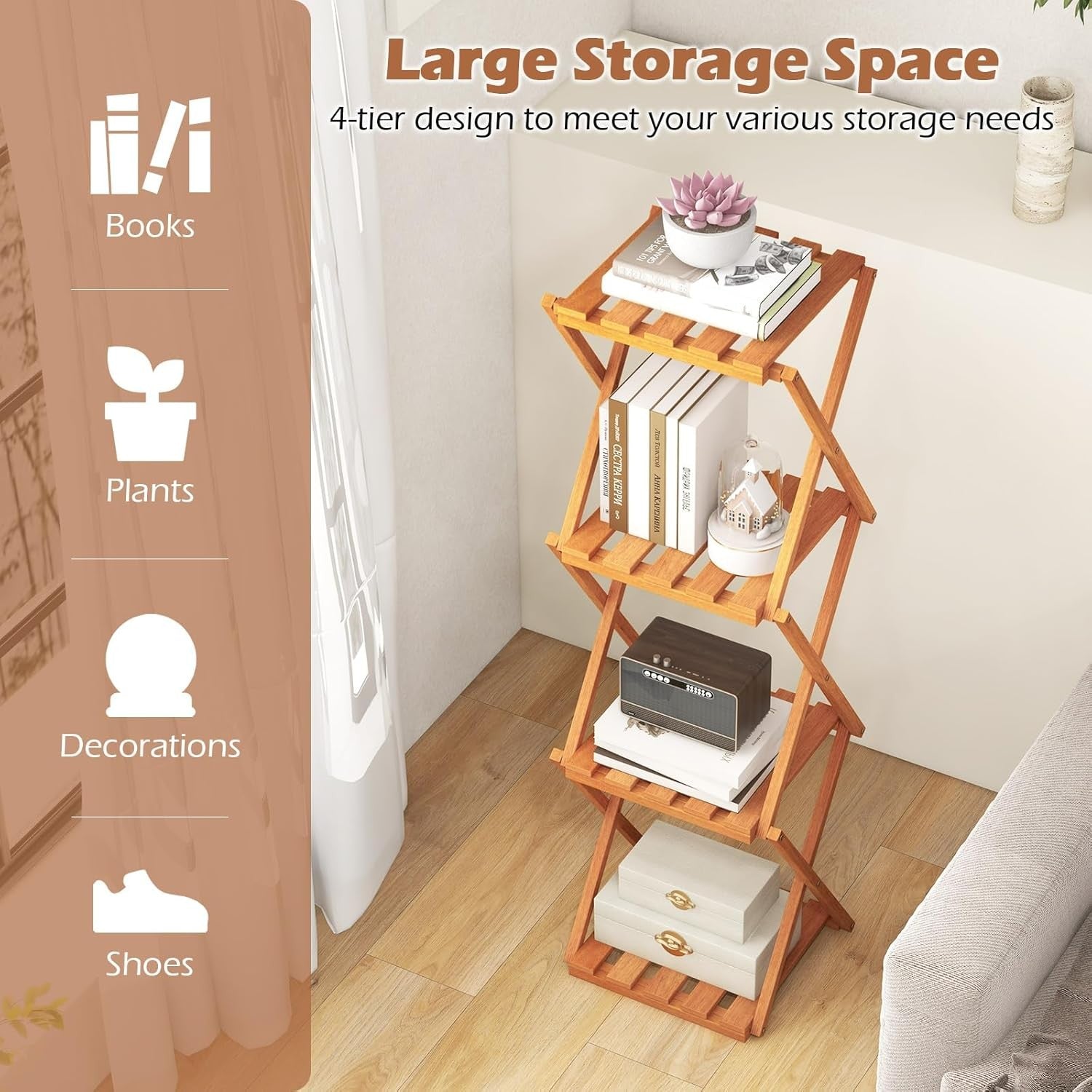 4-Tier Folding Plant Stand Tall Wooden Indoor Outdoor Corner Shelf Rack