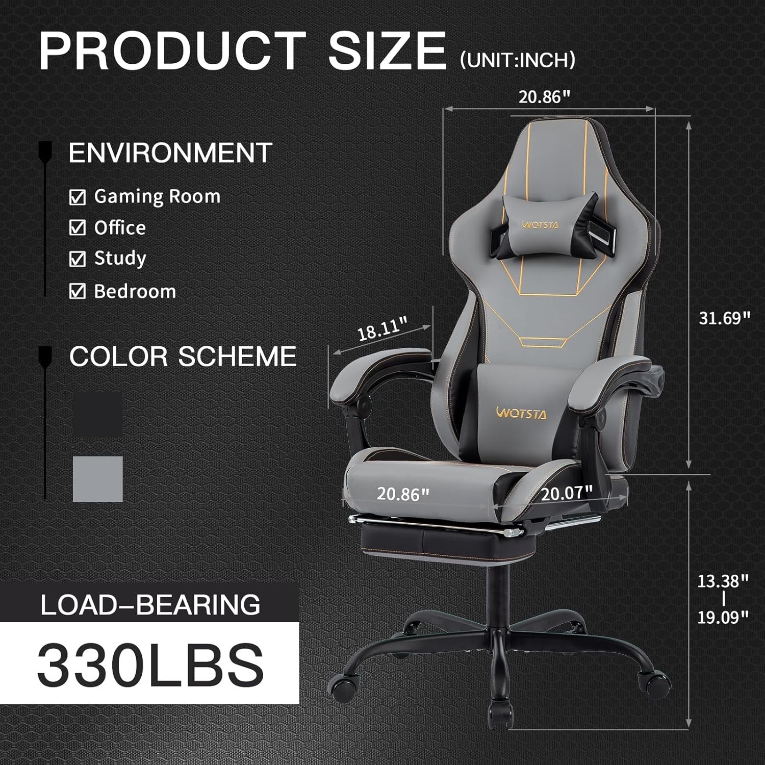 Ergonomic Gaming Chair with Footrest Lumbar Support Grey Black