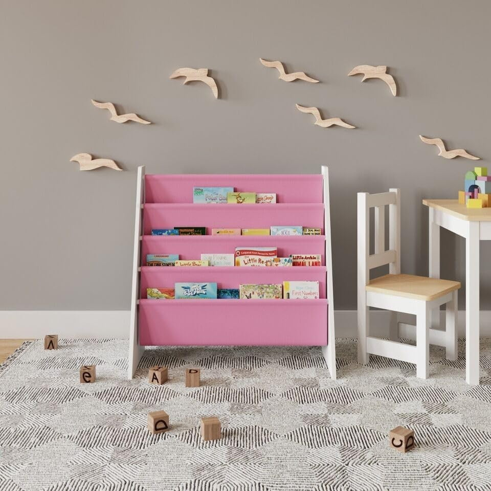 Kids 4 Tier Sling Bookshelf MDF & Fabric Book Storage Rack Pink