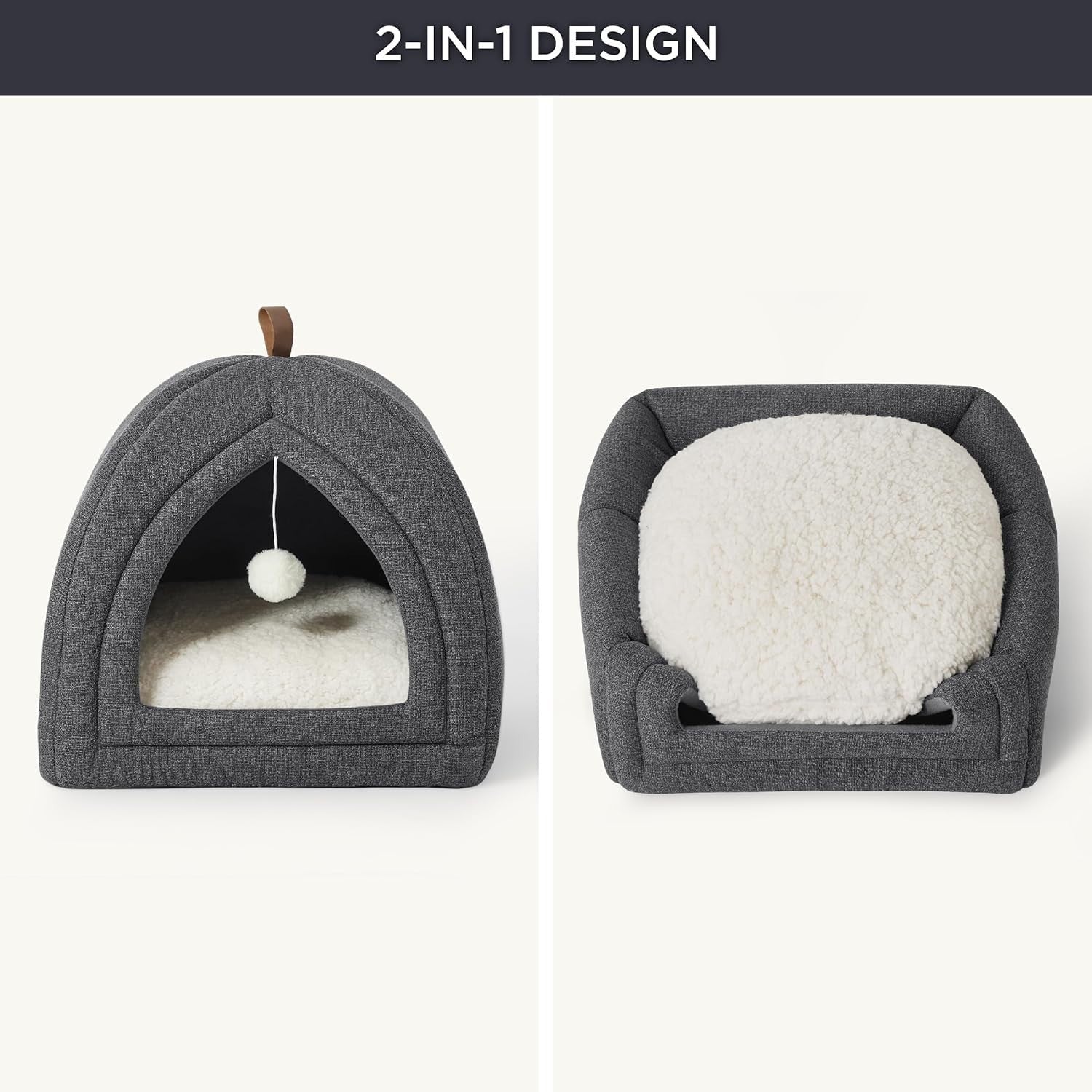 Large Cat Cave Bed 44cm Igloo Tent Washable Cushion Grey