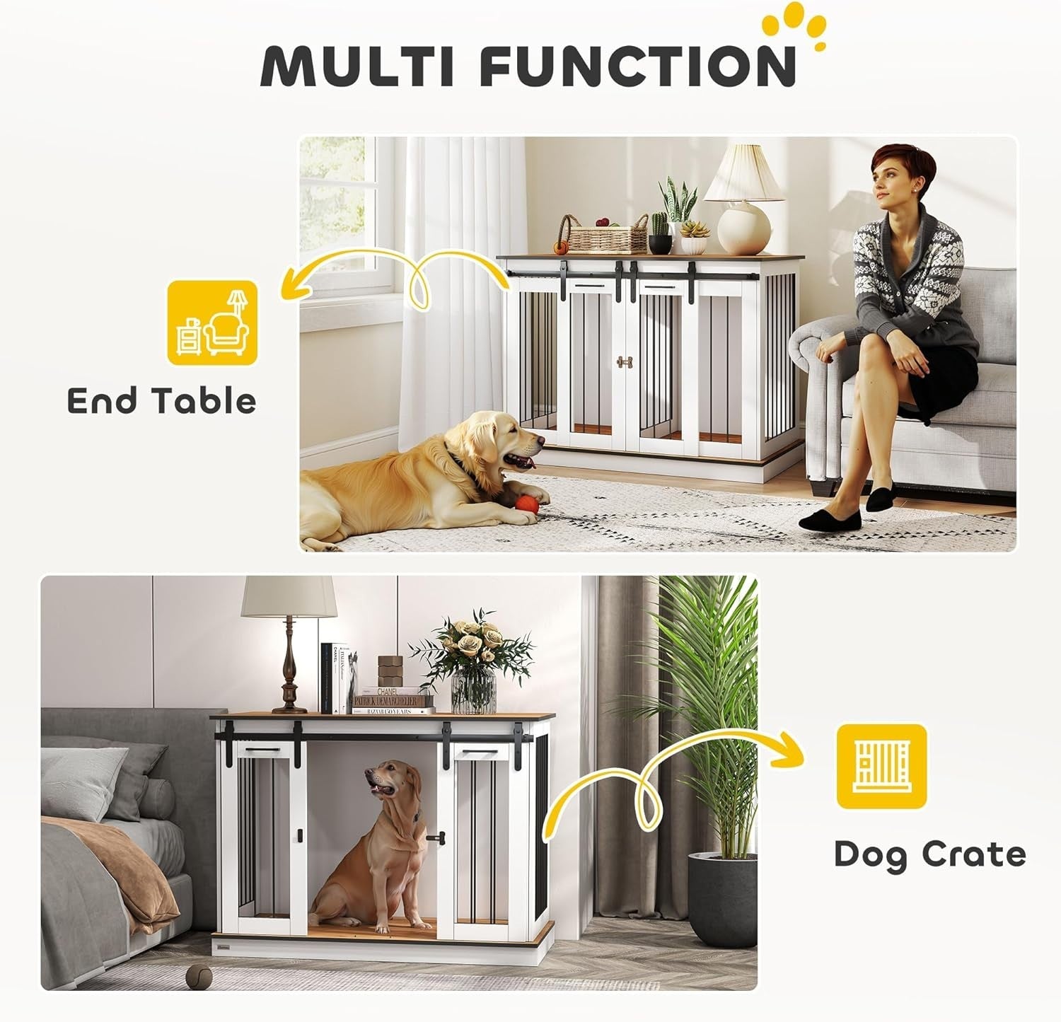 Large White Dog Crate Furniture with Divider, Sliding Doors & Side Table