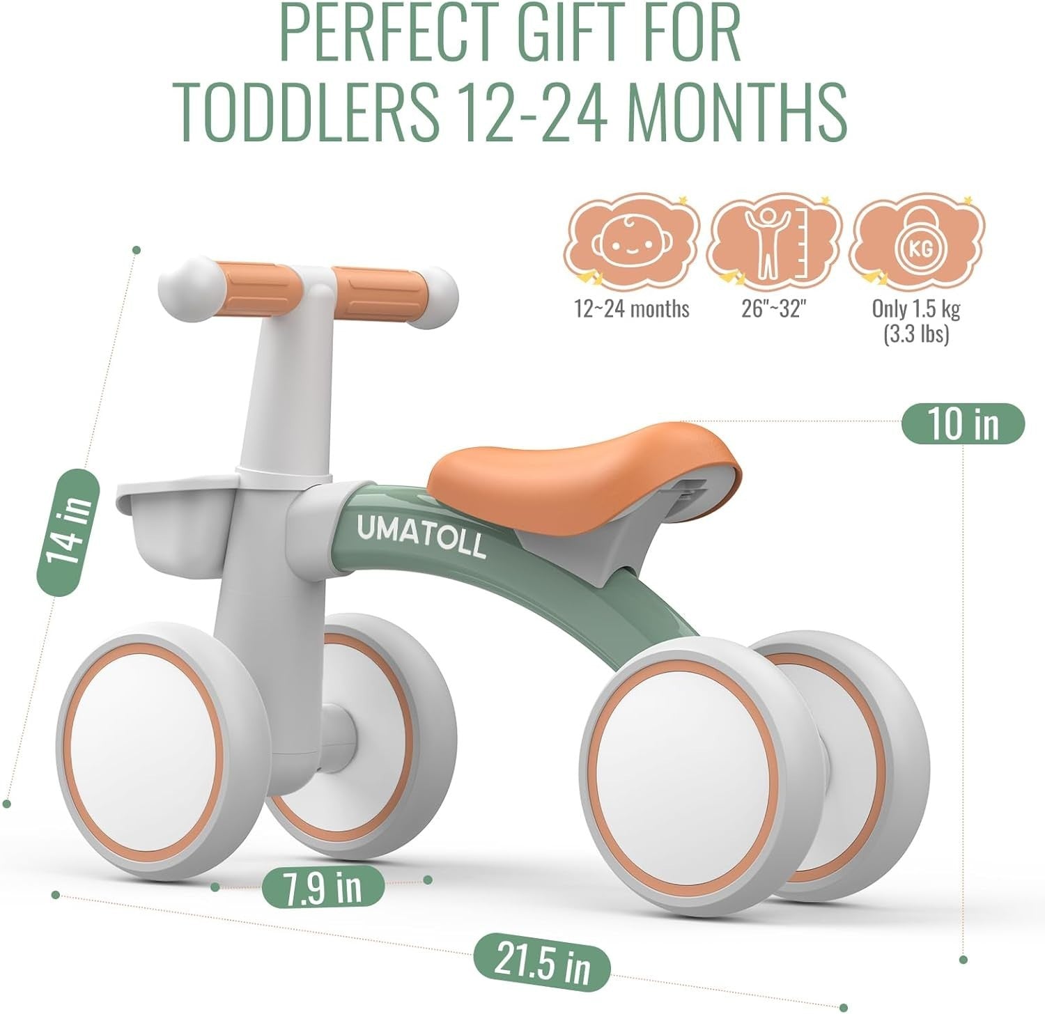 Toddler Balance Bike 12-24 Months Adjustable Seat 4 Wheel Green