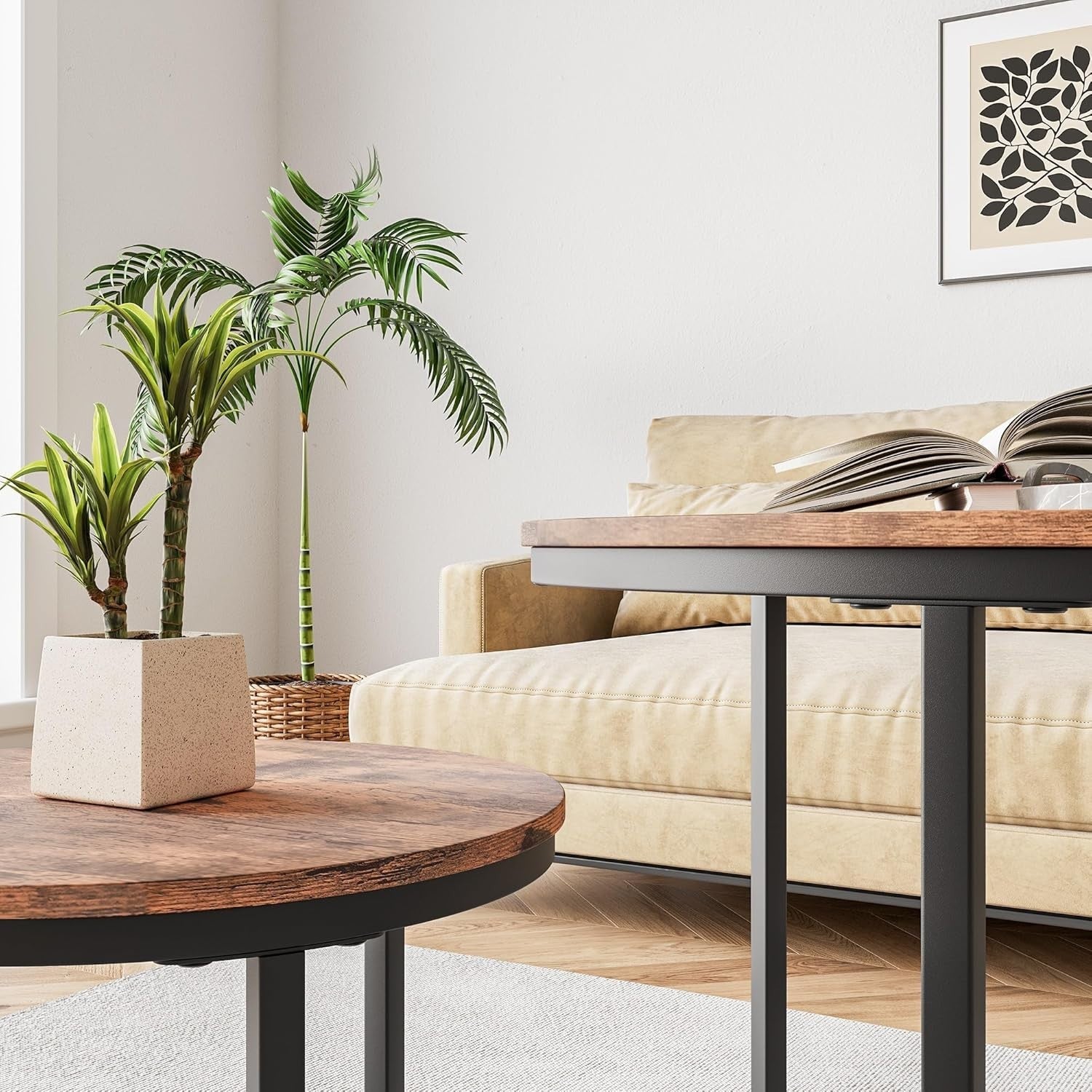 Round Nesting Coffee Table Set of 2 – Black Wood & Metal Frame, Small Space Savi