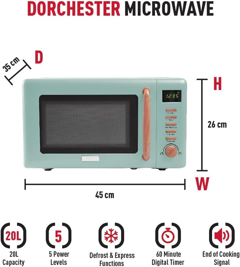20L 800W Green Microwave Oven with Digital Controls & 5 Power Levels