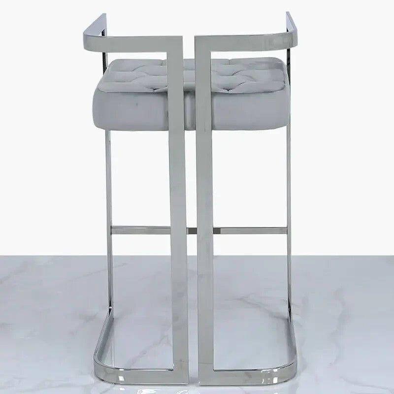 Grey Velvet Bar Stool with Backrest Chrome Stainless Steel Frame Modern