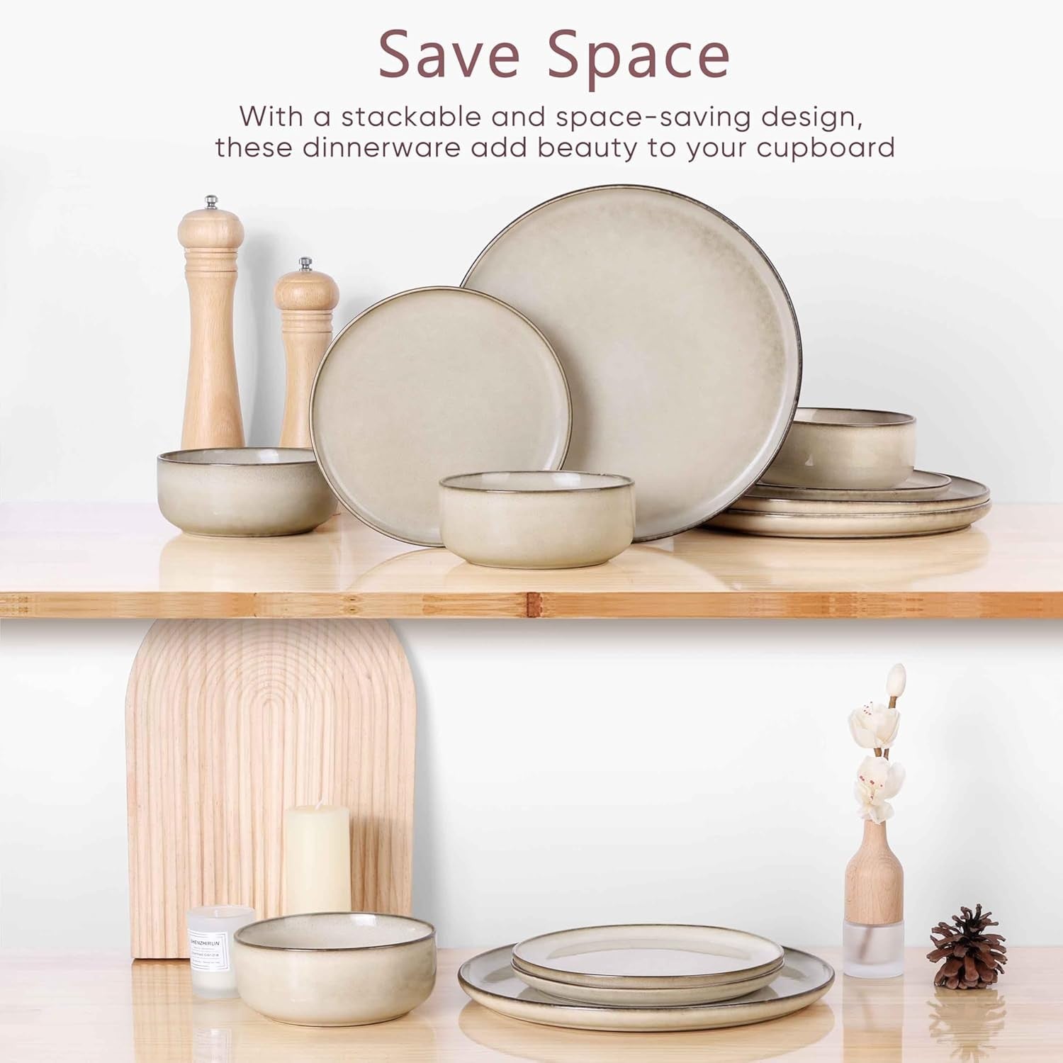 12pc Stoneware Dinner Set Plates Bowls Microwave Dishwasher Safe Cream