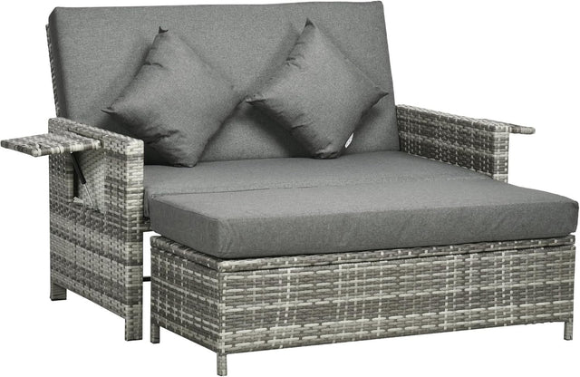 3-in-1 Mixed Grey Rattan Outdoor Daybed with Adjustable Back & Ottoman