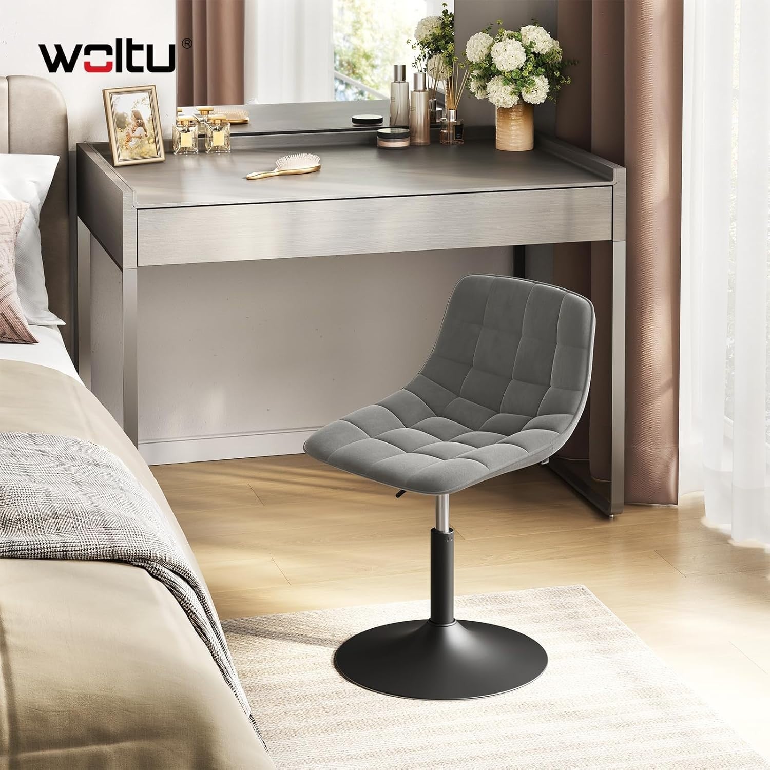 Light Grey Velvet Swivel Vanity Stool Height Adjustable Dressing Chair