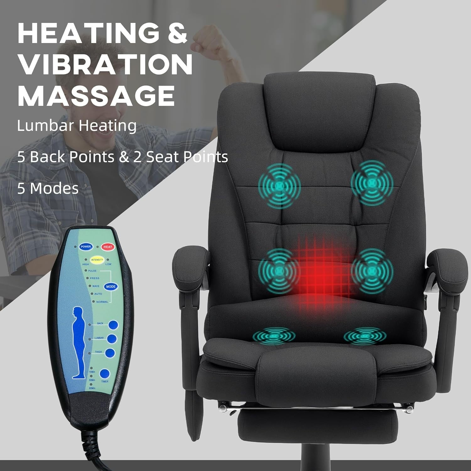 Heated Massage Office Chair Recliner Executive Desk Seat Footrest Black NEW