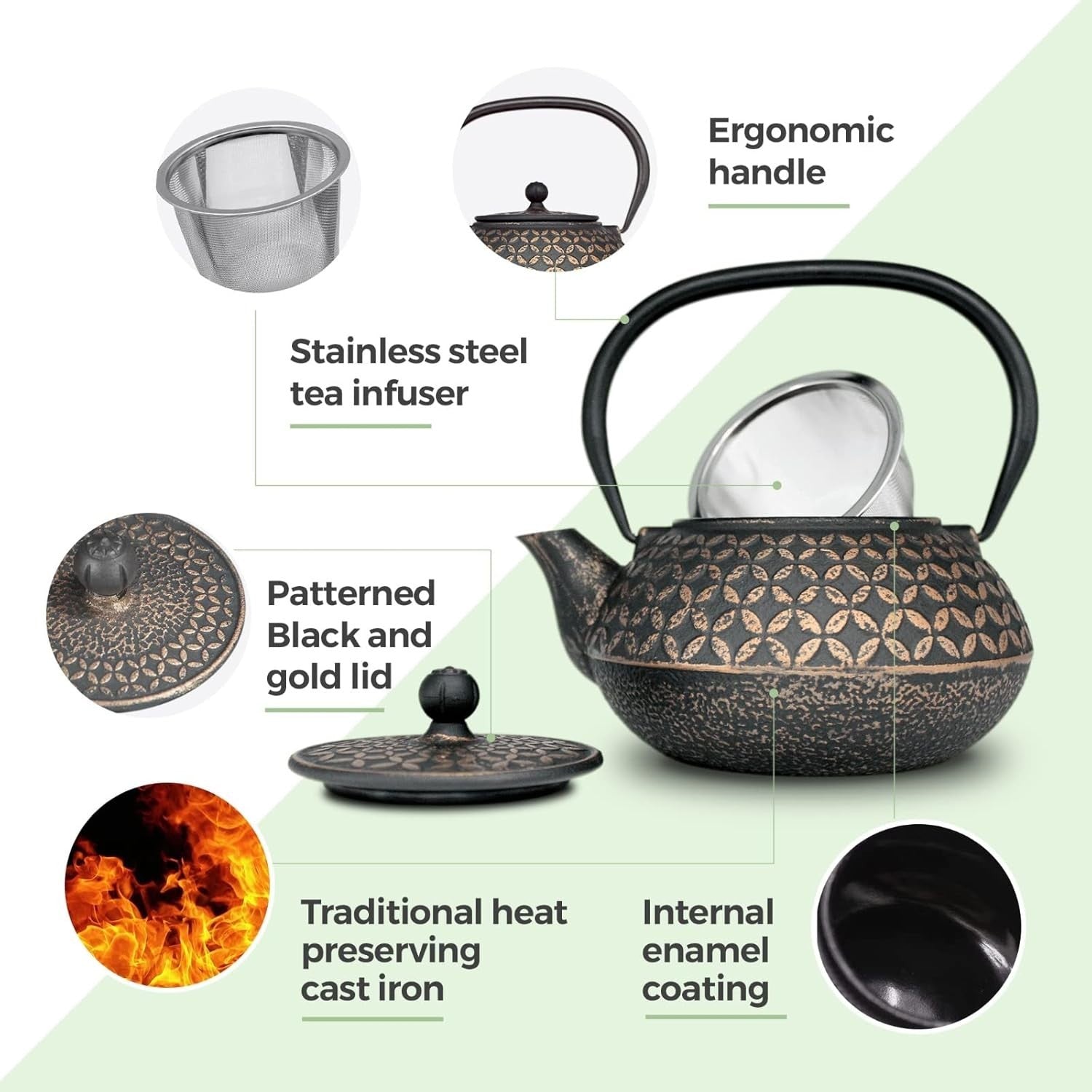 Cast Iron Teapot 900ml Tea Pot w/ Stainless Steel Infuser Black Gold