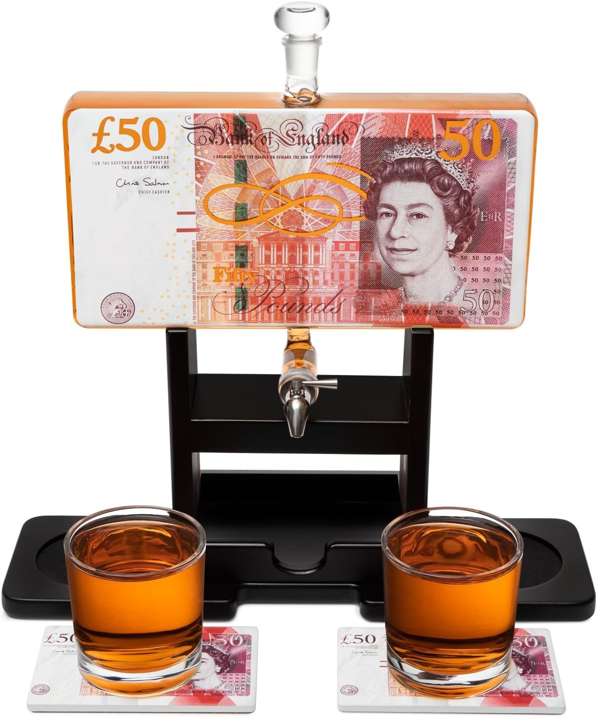 50 Pound Note Whiskey Decanter Set with Glasses Novelty Liquor Dispenser Gift