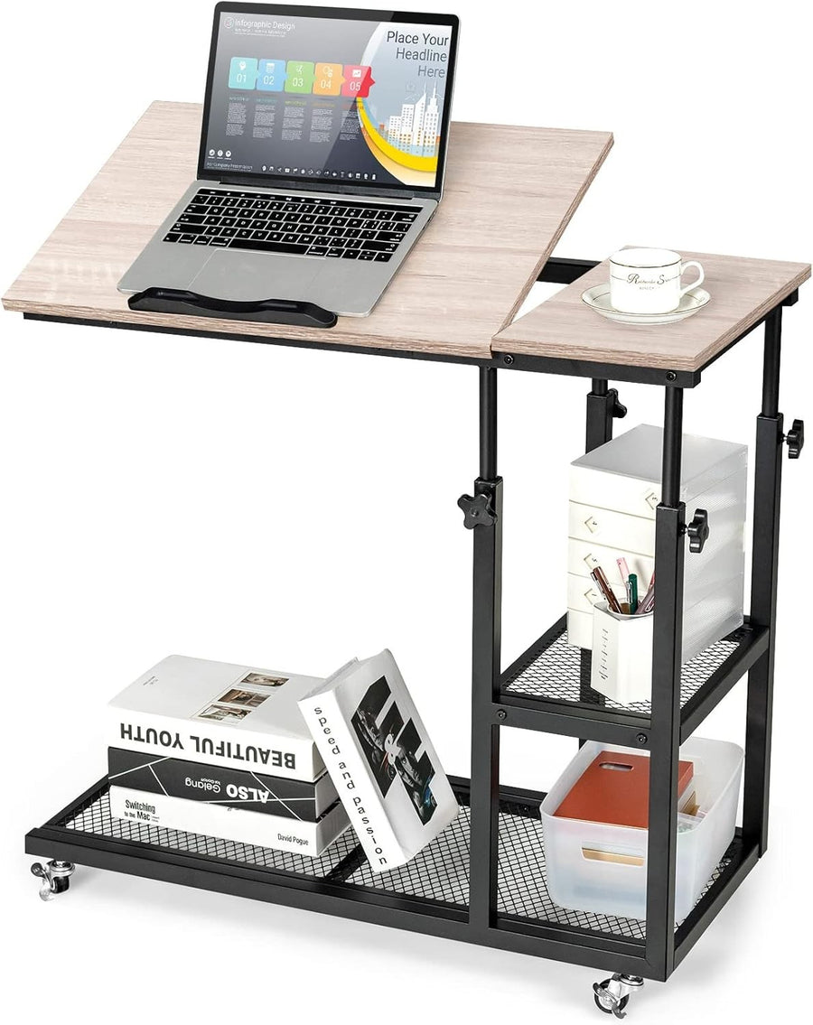 Natural Wood Overbed Table with Wheels Adjustable Sofa Side Laptop Desk