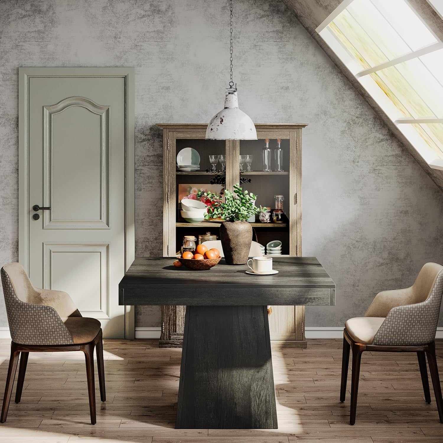 31.5" Square Dining Table Gray Pedestal Base for Kitchen & Small Spaces