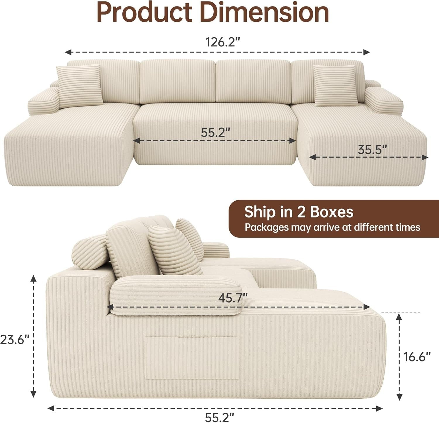 Modular U-Shaped Corduroy Sofa Bed with Memory Foam & Storage Pocket