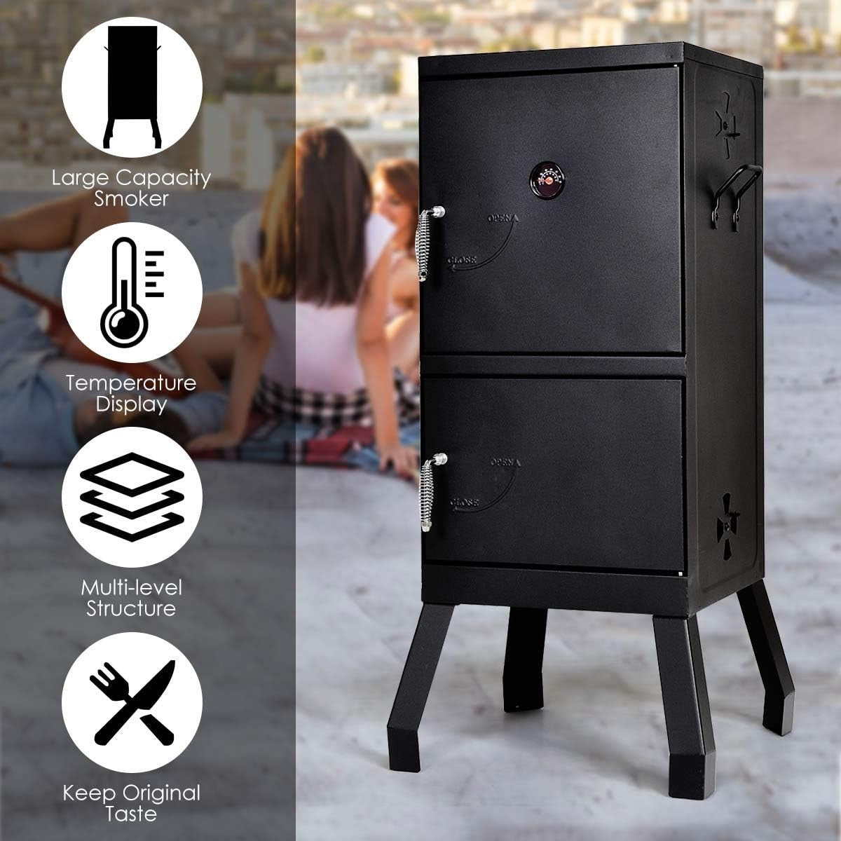 Charcoal BBQ Smoker Grill with Thermometer 2 Door Outdoor Roaster Cooking Oven