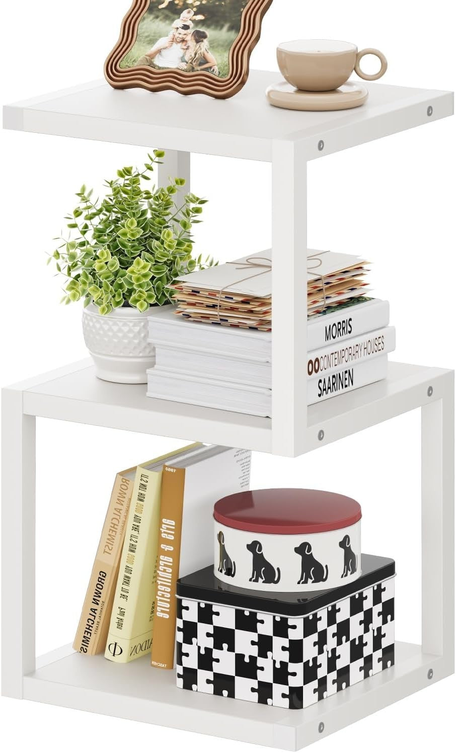 3-Tier S-Shape Side Table with Storage | White Nightstand 40x30x75cm
