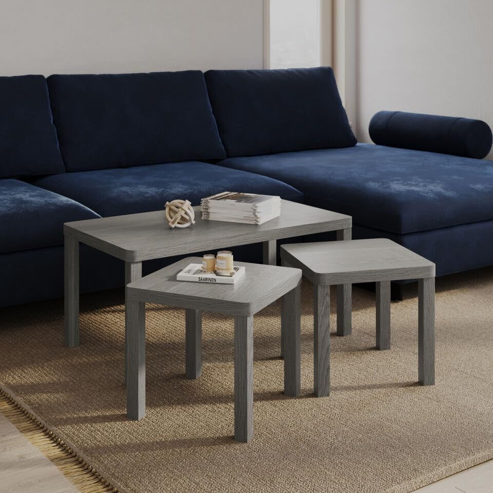 Space-Saving Set of 3 Nesting Coffee Tables Modern Grey Wood Living Room Furnitu