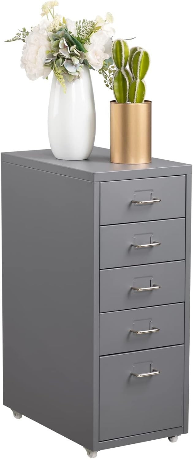 Grey Steel Rolling Drawer Cabinet 5 Tier Mobile Home Office Storage