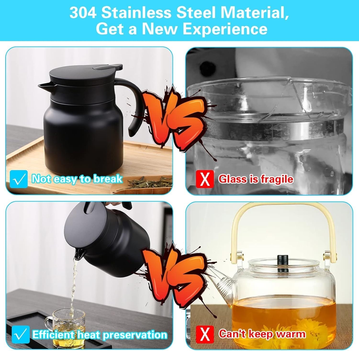 Vacuum Teapot 800ml Stainless Steel Tea Coffee Pot Temp Display Black