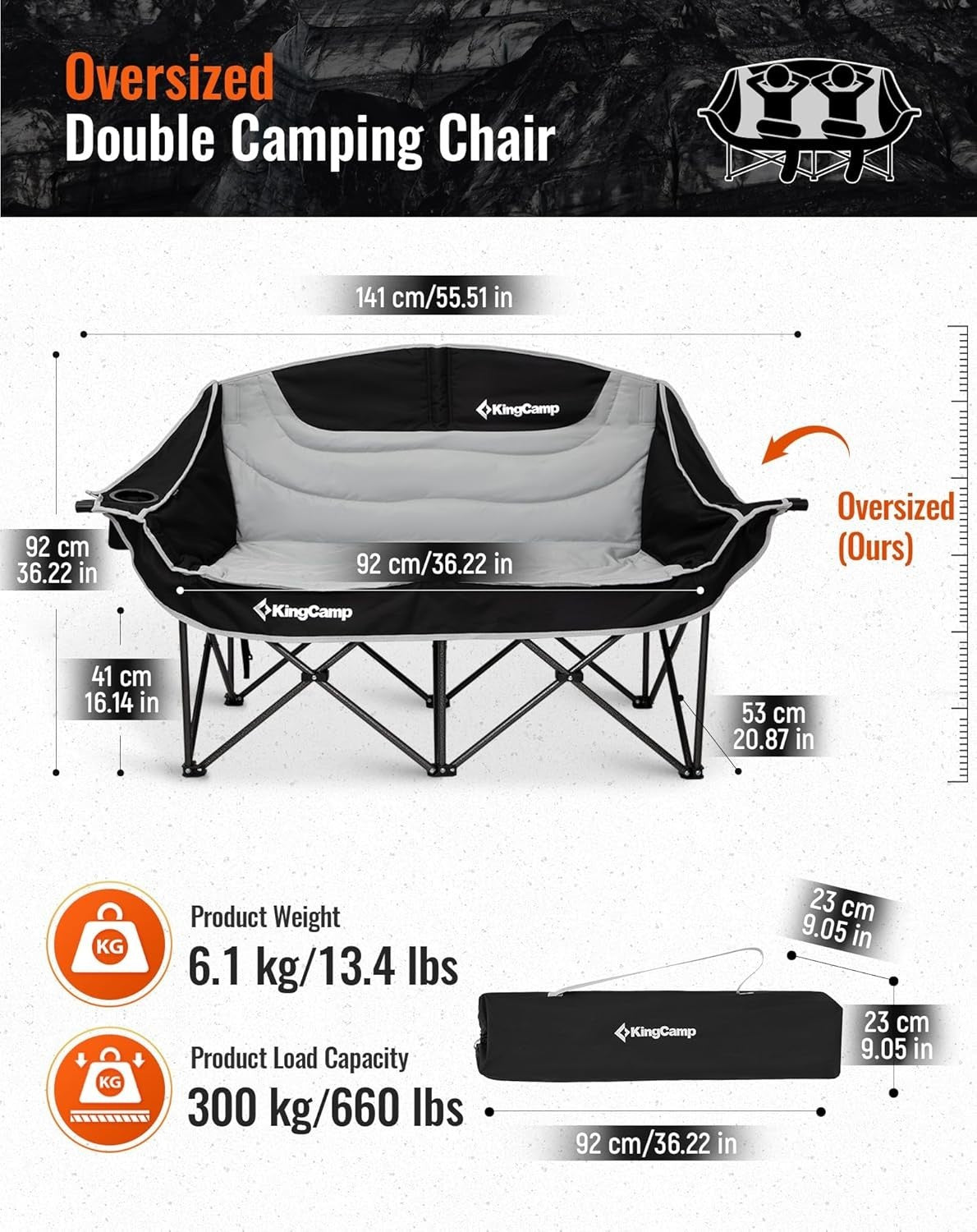 Folding 2-Seater Camping Chair Sofa 660lbs Padded w/ Cup Holders Outdoor