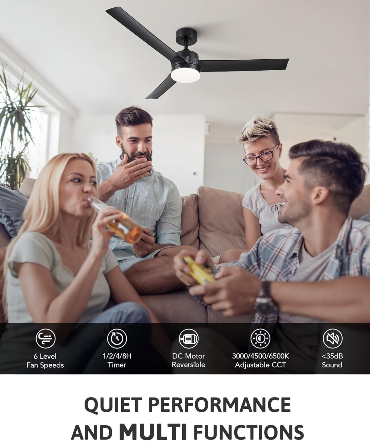 52" Ceiling Fan with Lights 6 Speeds Reversible DC Motor Black
