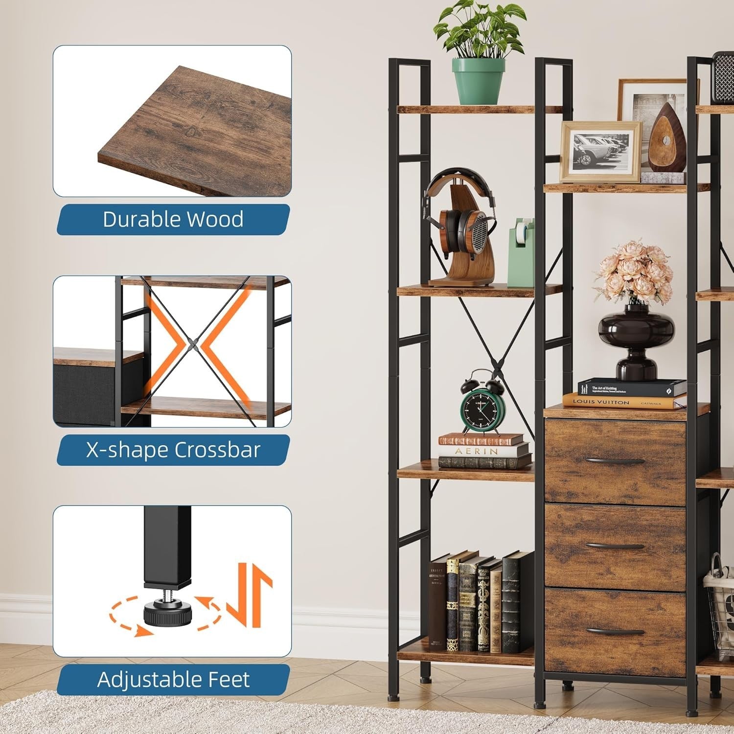 100cm Wide 4-Tier Tall Bookcase with 3 Fabric Drawers Industrial Storage Unit
