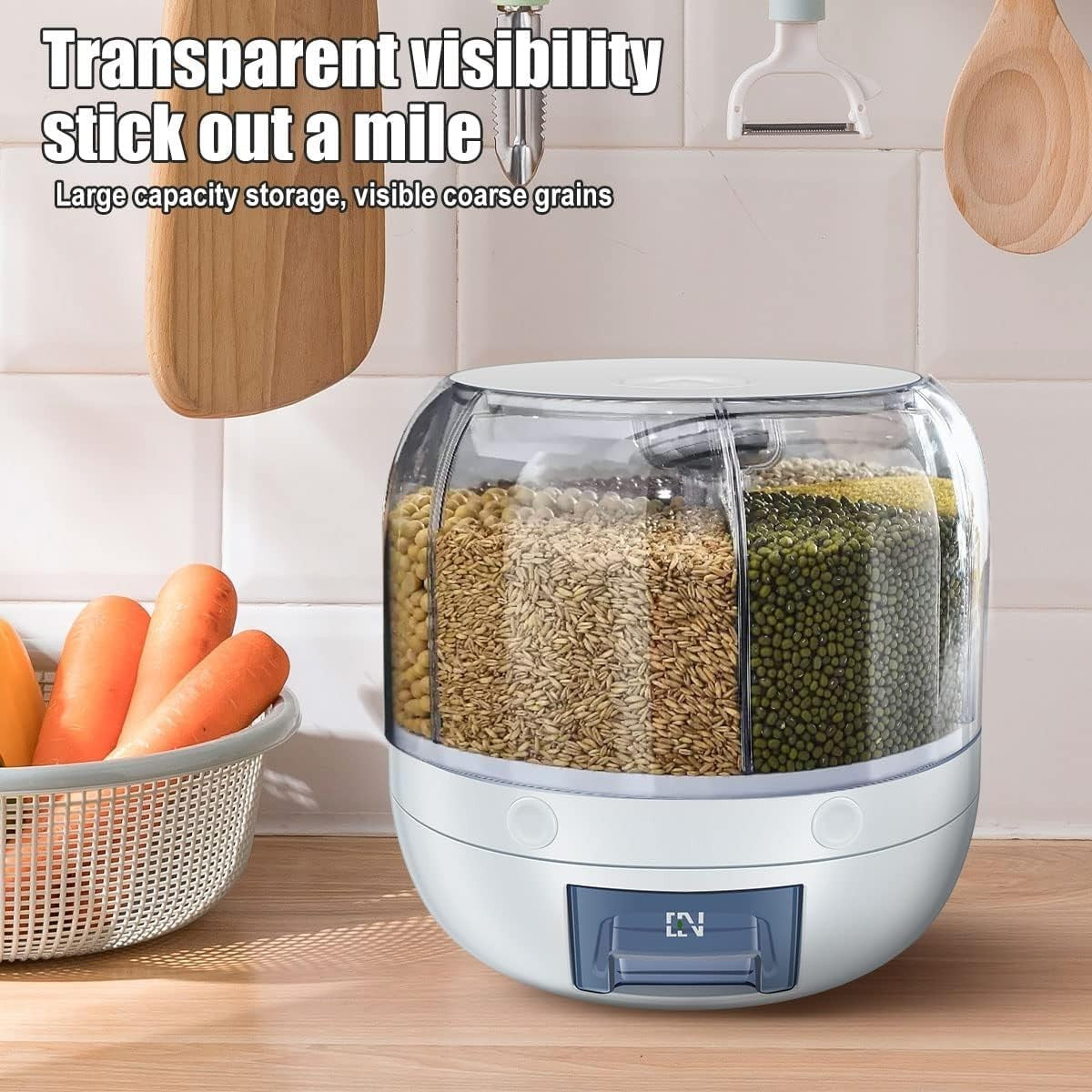 6 Grid 360° Rotating Rice Dispenser Airtight PP Bin