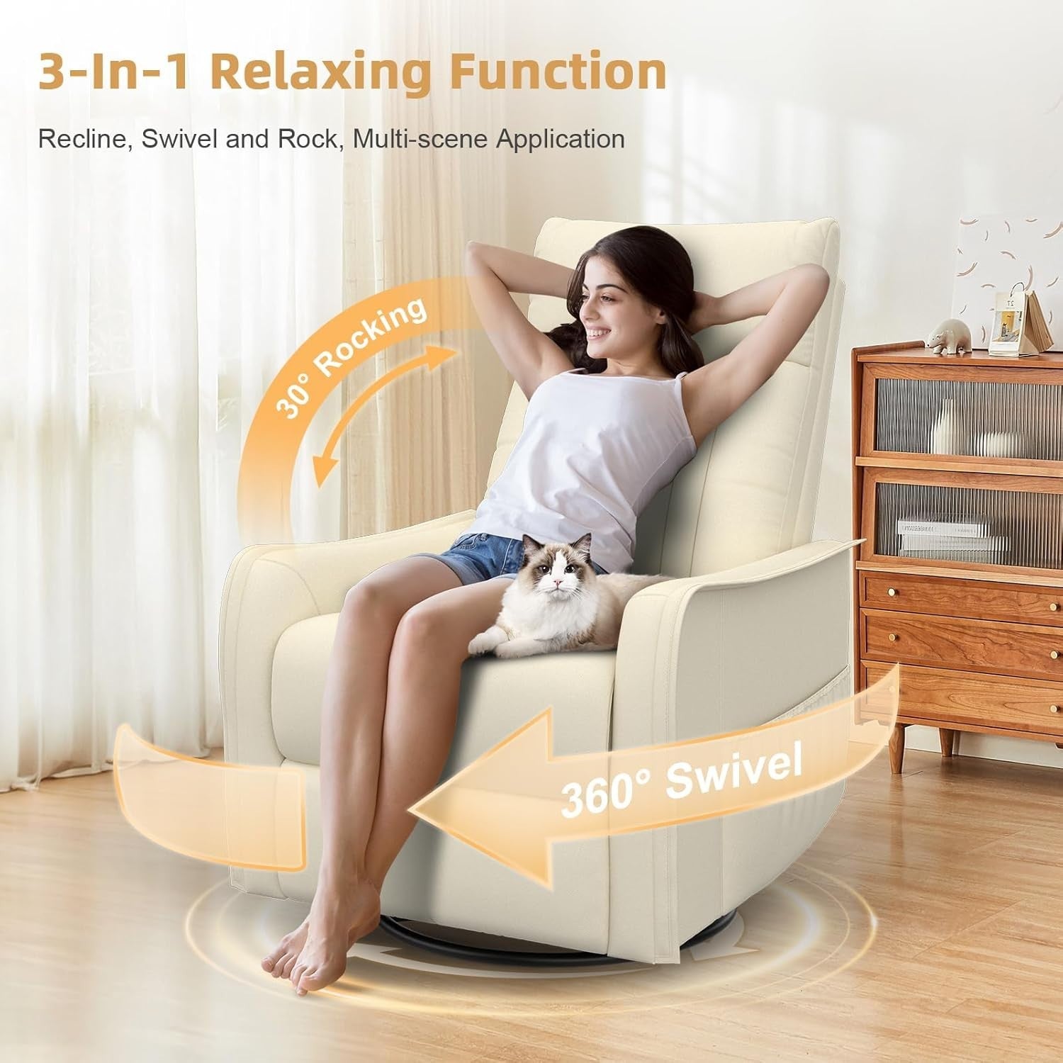 Swivel Rocking Recliner Chair Massage Heat 3-in-1 Footrest Pockets + Cover Cream