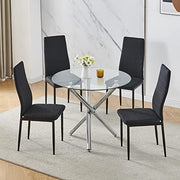 Round Glass Dining Table Set with 4 Black Linen Chairs for Small Spaces