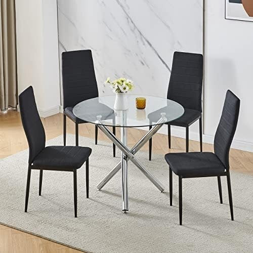 Round Glass Dining Table Set with 4 Black Linen Chairs for Small Spaces