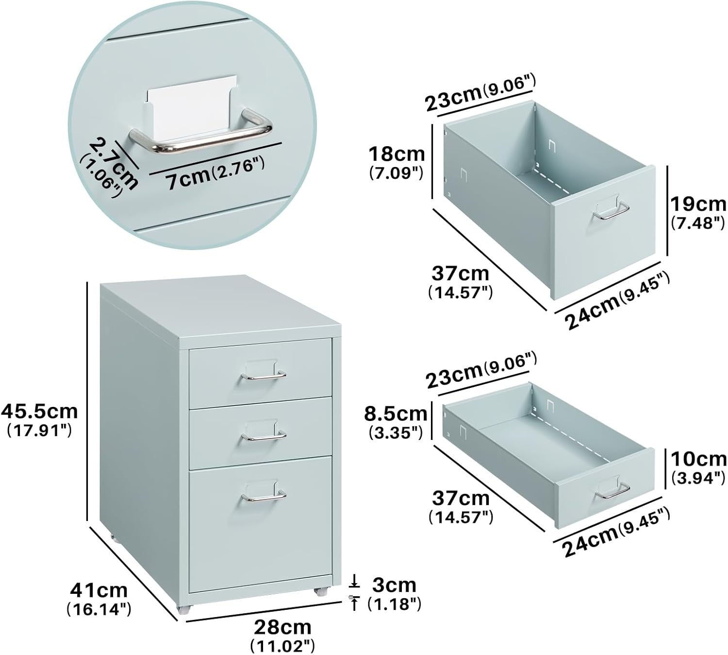Grey Green Metal Rolling Drawer Unit 3 Tier Under Desk File Storage