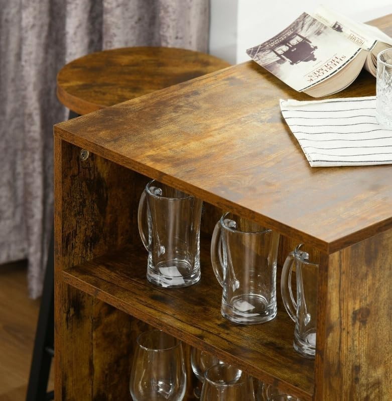 Industrial Bar Table Set with Shelves & 2 Stools Rustic Brown Wood Metal