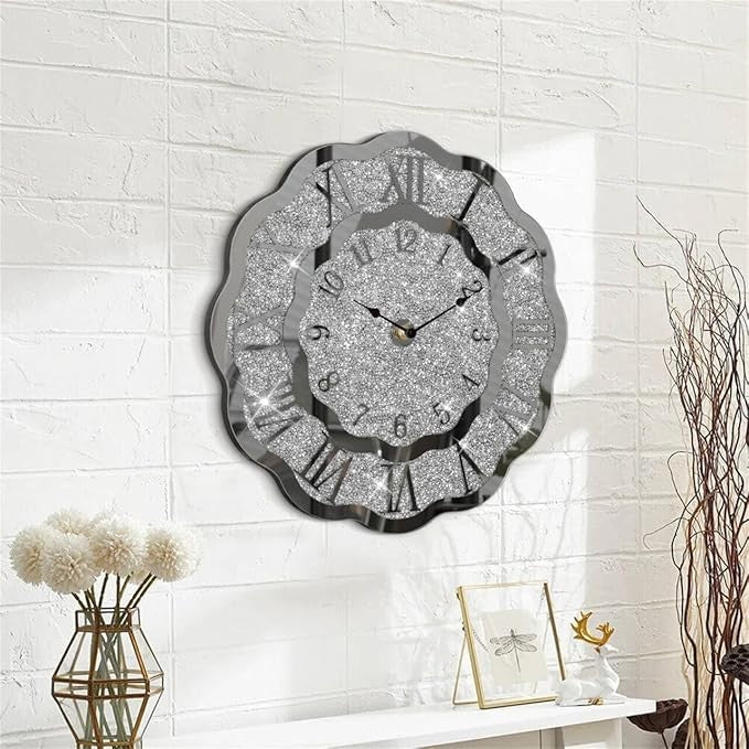 Crushed Diamond Mirror Wall Clock Silver Sparkly Crystal Decor 40cm Luxury