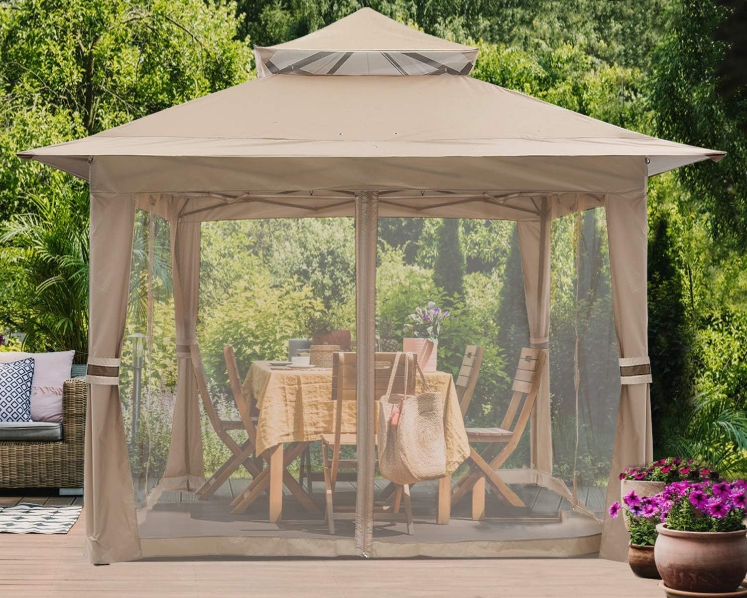 3.6x3.6M Khaki Pop Up Gazebo With Mesh Walls Outdoor Canopy Tent