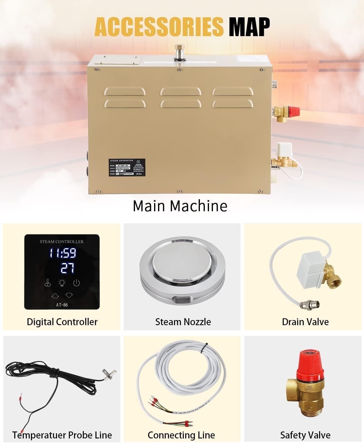 4.5KW Steam Sauna Generator 220V Home Spa Kit w/ LED Control & Auto Drain