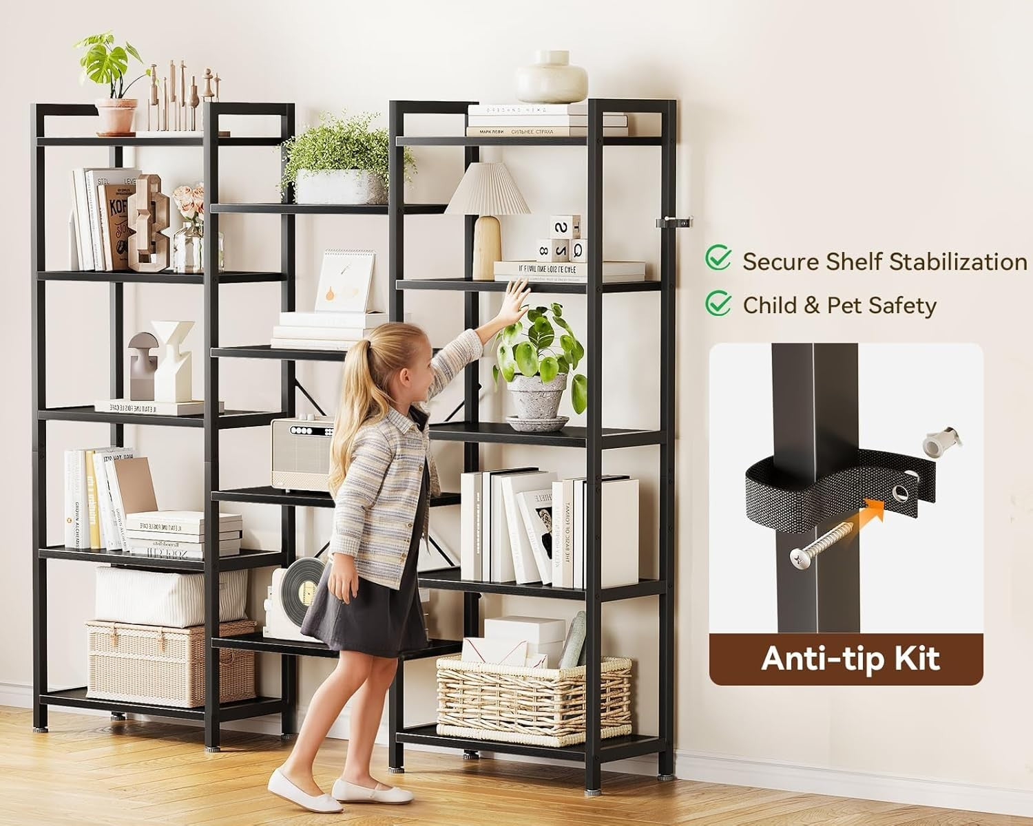 5 Tier Triple Bookshelf Industrial 14 Shelf Wide Bookcase Black Metal