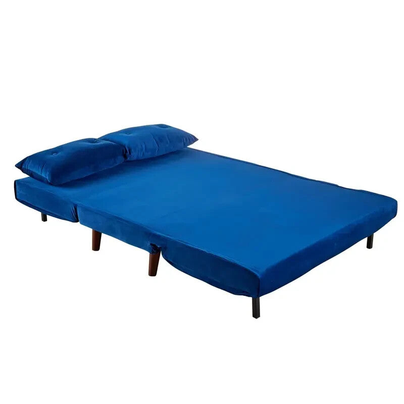 Velvet Double Sofa Bed Blue Folding Chair Sleeper Seat with Pillows