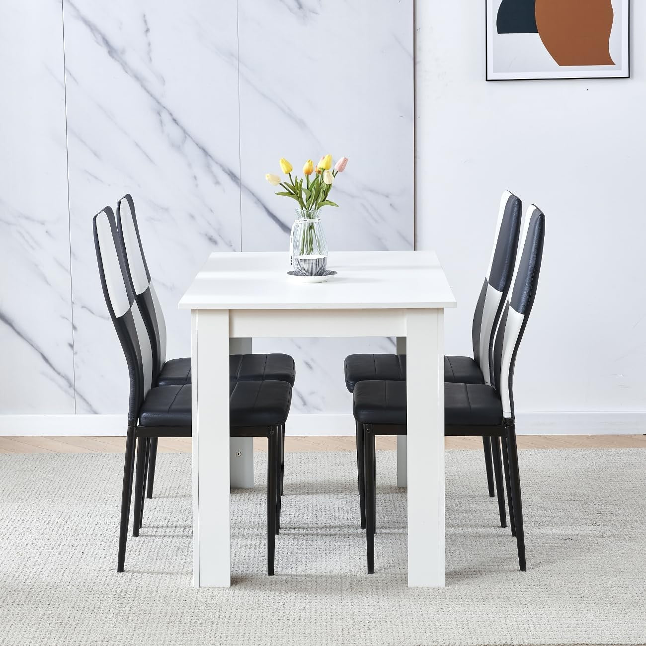 Modern 5-Piece White Dining Table & 4 Black & White PU Leather Chairs Set