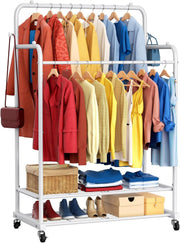 Heavy Duty Double Rod Clothes Rail with Wheels – White 72×41×155cm