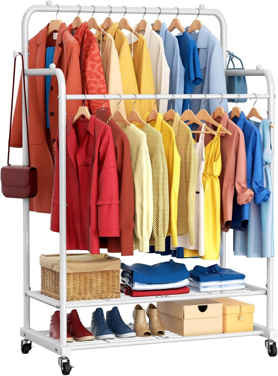 Heavy Duty Double Rod Clothes Rail with Wheels – White 72×41×155cm